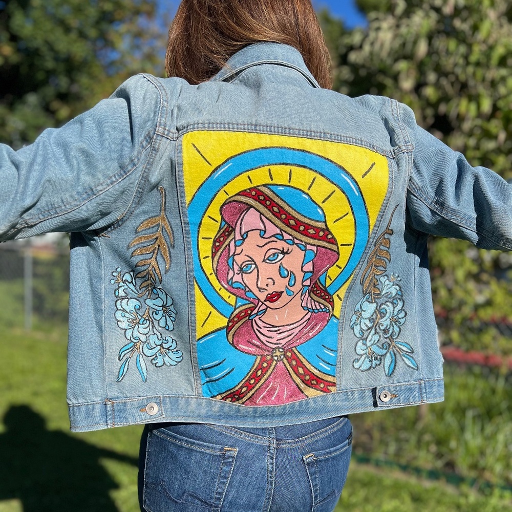 Saint Mary Tattoo Style Denim Jacket Hand Painted– Original Art, Glitter Accents